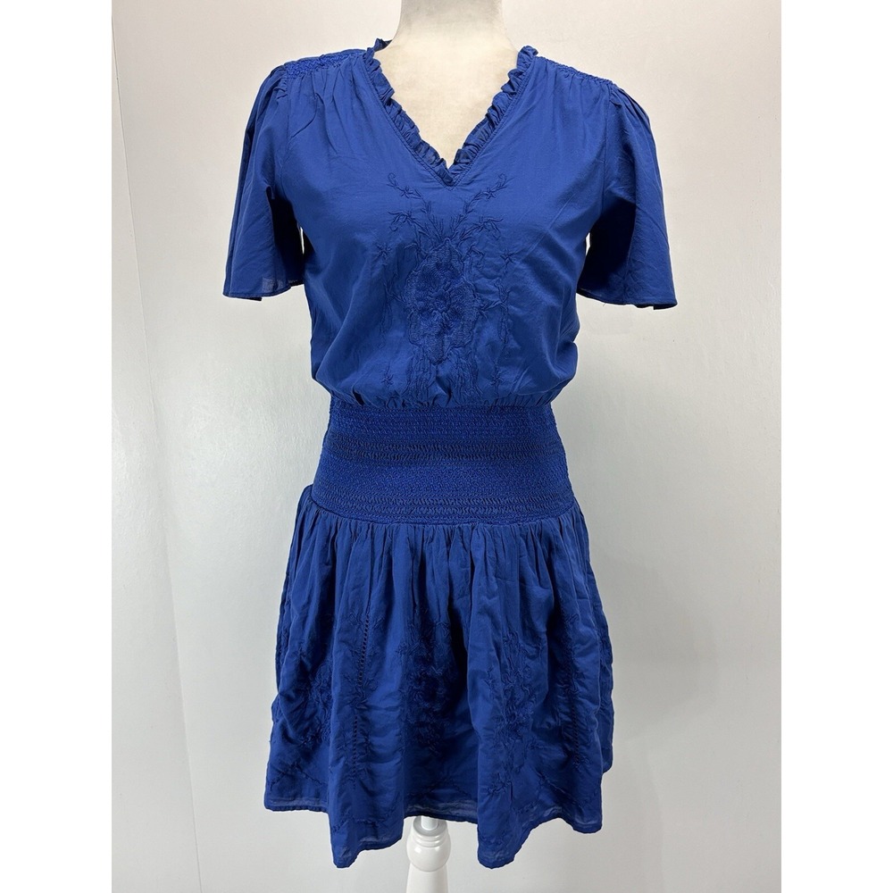 NEW! Lauren Ralph Lauren Embroidered Dress Sz 00 Blue Short Smocked Waist